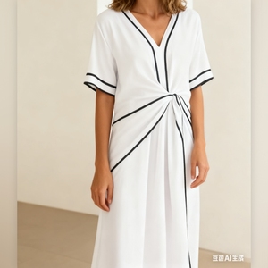 ชุดเดรสแฟชั่นคอวีแขนสั้นสีตัดกันแบบหลวมๆสำหรับผู้หญิง - Product Image 4