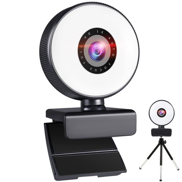 Automatic Low Light Correction 1080p Webcam with Ring Light Privacy Cover USB Computer Camera for Skype Teams Streaming