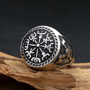 yunnique Stainless Steel Men's Round Compass <b>Ring</b> With Viking Symbol Geometric Design For Gift Jewelry - Product Image 2