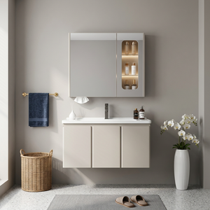Meuble-lavabo moderne <span class=keywords><strong>en</strong></span> acier inoxydable kaki, armoire murale <span class=keywords><strong>en</strong></span> PVC <span class=keywords><strong>avec</strong></span> miroir vitré à droite et vasque <span class=keywords><strong>en</strong></span> céramique - Product Image 1