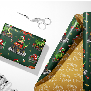 Papier d'emballage doré à double face, nouveau style de Noël, motif dinosaures montés sur camion, pour garçons et enfants - Product Image 3