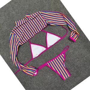 Maillots de bain pour femmes, imprimés avec un logo personnalisé, à rayures, dos nu, triangle, grande taille, ensemble de 3 pièces, bikinis, vêtements de plage - Product Image 3