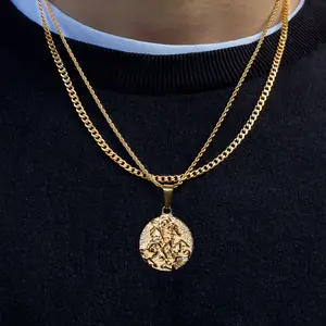 Conjuntos de joyería de moda de acero inoxidable 18K PVD chapado en oro moda personalizada Saint George Medal St George of Lydda Collar para hombre