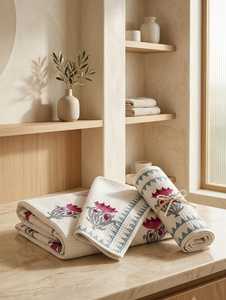 Classy <b>Hand</b> Block Printed Waffle Bath <b>Towel</b> Set Cotton 1 Bath <b>Towel</b> and 2 <b>Hand</b> <b>Towel</b> Set for Home Hotel <b>Bathroom</b> - Product Image 1