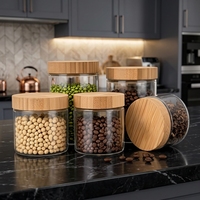 Vente flash : bocaux ronds en verre pour aliments, épices, biscuits, avec couvercle en bois de bambou, 220 ml, 300 ml, 420 ml, 660 ml, 730 ml