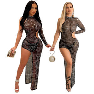 شبكة عارية حجر الراين الغريبة فساتين الكريستال الديكور فستان طويل السيدات ثوب الرسن فستان حفلة موسيقية - Product Image 1