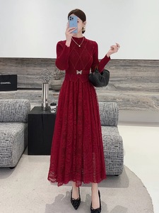 chinese dress ladies Red Long Sleeve Lace Gown (#Bella)