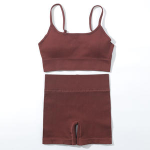 2024 Logo personnalisé nouveau sans couture vêtements de <span class=keywords><strong>sport</strong></span> Yoga <span class=keywords><strong>tenue</strong></span> côtelé évider soutien-gorge de <span class=keywords><strong>sport</strong></span> et short de <span class=keywords><strong>sport</strong></span> ensemble leggings pour les femmes - Product Image 3