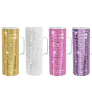 Mug de voyage isotherme élégant en acier inoxydable avec strass étincelants, design de luxe, couvercle, paille et poignée, capacité 20oz/30oz - Product Image 1