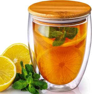 طقم أكواب شاي زجاجية مزدوجة الجدار بالجملة، أكواب قهوة زجاجية قابلة لإعادة الاستخدام مع غطاء من الخيزران، طقم قهوة وشاي - Product Image 1