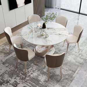 Tavolo da Pranzo Rotondo Bianco Lucido con Gambe in Acciaio al Carbonio e 6 Sedie, Arredamento per Cucina e Sala da Pranzo - Product Image 2