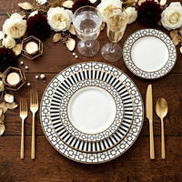 Service de vaisselle en céramique Art Déco de luxe, noir et blanc, géométrique, bord doré, assiettes en porcelaine pour hôtel, mariage, restaurant, vente en gros