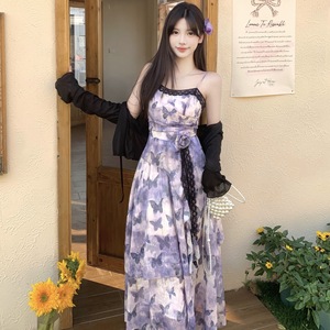 French Retro Butterfly Print Tie Dye Irregular Hem Pleated Waist <b>Suspender</b> Dress Spaghetti Strap Empire Waist Vintage Casual - Product Image 1