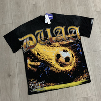 T-shirt à manches courtes pour homme, col rond, noir délavé à l'acide, avec imprimé Football Flamme et lettres en strass DUAA, vente en gros