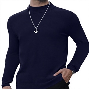 Pull à col roulé en tricot bleu marine pour homme, manches longues, couleur unie, vêtement d'automne - Product Image 4
