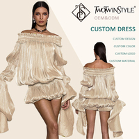 Robe Courte Femme en Satin ODM, Épaules Dénudées, Froncée, Drapée Irrégulièrement, Manches Longues, pour Soirée, Club, Vacances - Vente en Gros
