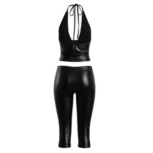Viviblook Y26ST239 Ensemble d'été pour femme, nouveau, sexy, couleur unie, pull à col en V, veste à empiècements, pantalon court moulant, ensemble deux pièces - Product Image 4