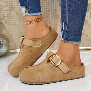 Sabots en <span class=keywords><strong>daim</strong></span> <span class=keywords><strong>beige</strong></span> pour femmes avec bride à boucle, <span class=keywords><strong>mules</strong></span> décontractées à enfiler - Product Image 1