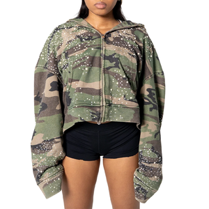 Sweat à capuche zippé camouflage personnalisé pour homme, avec décoration de strass et pois, coupe ample oversize, style streetwear, veste à capuche entièrement zippée - Product Image 2