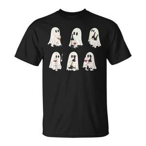 Camiseta con estampado digital de manga corta y cuello redondo para adulto unisex, con diseño de fantasma de Halloween y copa de vino, con encaje lindo y espeluznante - Product Image 1