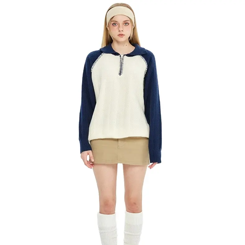 Benutzer definierte Logo Frauen 2 Farben Block Drop Schulter Übergroße Polo Neck Half Zip Up Strick Sweatshirt Pullover