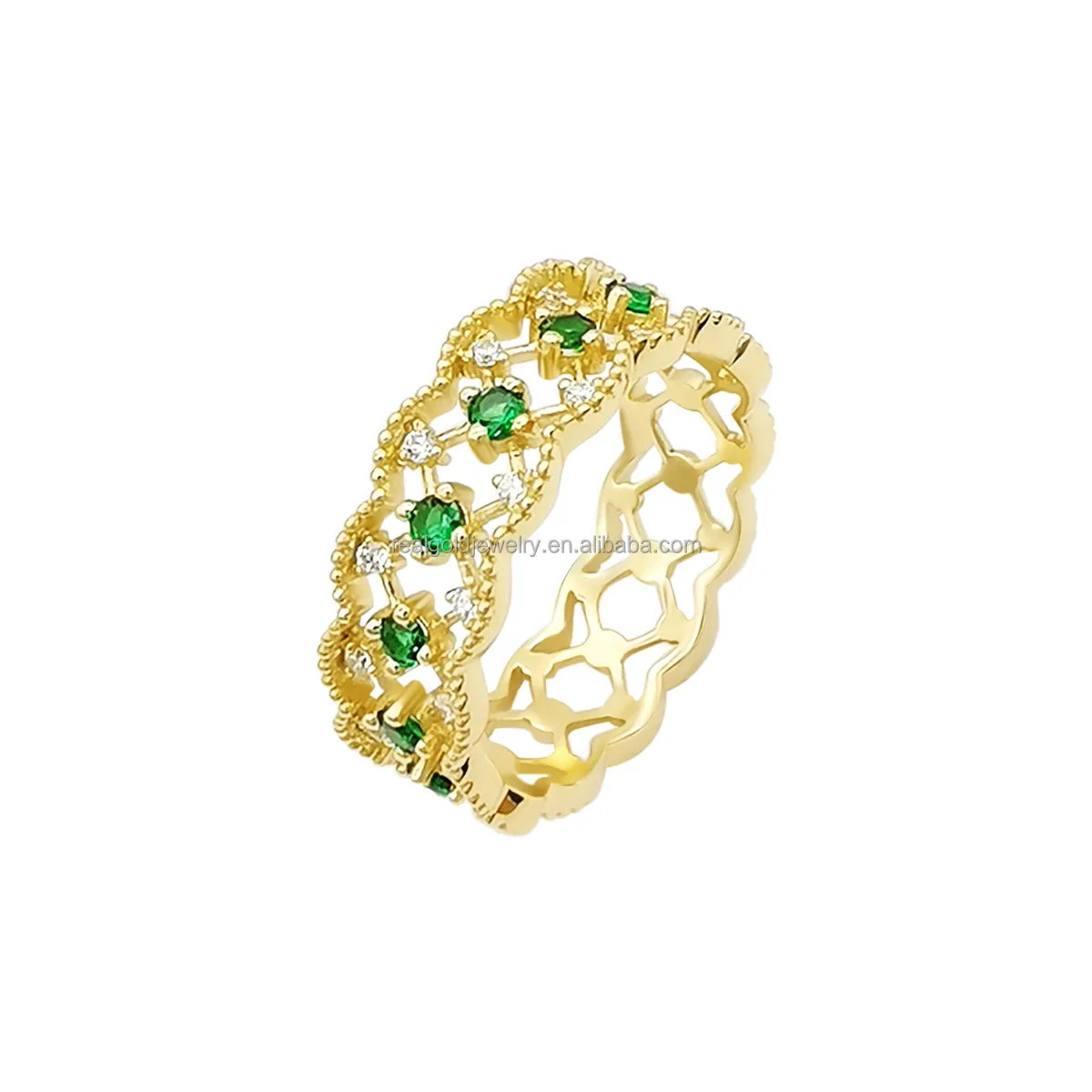 แหวนทองคำแท้สำหรับผู้หญิงแหวนทรงกลมสีเขียวสง่างามแหวนทองแท้14K สำหรับ Au585