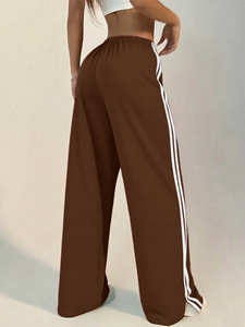 Pantalones de chándal de mujer de cintura alta a rayas de pierna ancha, holgados e informales <span class=keywords><strong>con</strong></span> cordón y dobladillo dividido para ropa urbana y de descanso - Product Image 4