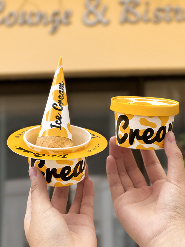 Creative Disposable Ice Cream Paper Cup & Bowl Anti-drip Crispy Packaging with Cup Ring and Paper Cover Food Grade