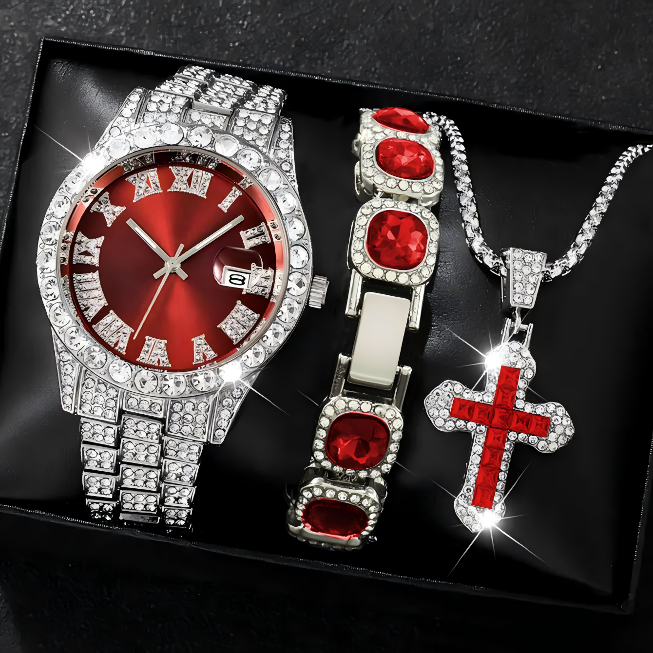 Montre rouge argentée + ensemble 2 pièces rouge argenté