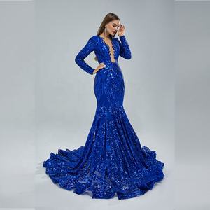 Le donne africane Sexy Plunge V Slim Hip Royal Blue Prom Gown Nigeria Ladies manica lunga sirena paillettes Kitenge Designs abiti - Product Image 4
