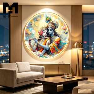 Décoration Murale Ronde LED Radha Krishna sur Toile – Peinture Religieuse de Dieu Hindou, Affiche Encadrée pour la Décoration de Temple - Product Image 2
