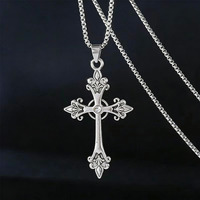 Collier ras du cou unisexe en alliage de zinc avec pendentif long en zircon, motif croix et rose rétro, cadeau hip-hop pour couple