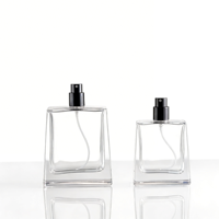 Flacon de parfum carré minimaliste en verre transparent 50ml 100ml rechargeable avec pulvérisateur à pompe et capuchon noir, parfum neutre, sérigraphié