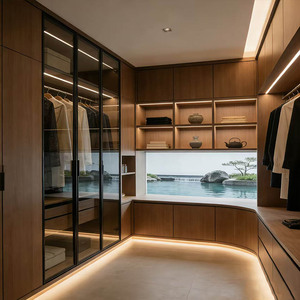 <span class=keywords><strong>Dressing</strong></span> en chêne massif avec éclairage LED, portes vitrées, tiroirs et îlot central pour villa et appartement - Product Image 3