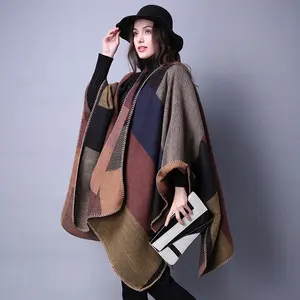 New Hot Stylish Ethnic Style Knitted Thick Cape Women Winter Cashmere Shawl Plaid Scarf Poncho