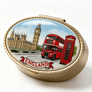 Caja de Recuerdos de Inglaterra con Diseño de Big Ben, Autobús Rojo y Cabina Telefónica, Tapa Redonda Pintada de Latón Chapado en Oro - Product Image 4