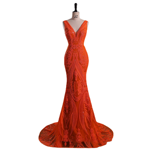 Robe de soirée de bal européenne et américaine sexy à col en V, à sequins, longueur au sol, taille empire, silhouette sirène, sans manches - Product Image 2