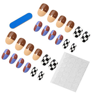 <span class=keywords><strong>Faux</strong></span> ongles tendance style INS, nouveauté célébrité en ligne, détachables, pré-conçus, courts, <span class=keywords><strong>couleur</strong></span> unie ton chaud, motif damier, à presser - Product Image 1
