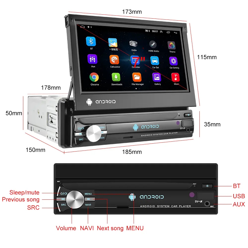 ユニバーサル1 16/2 32 1 Din Android10カーラジオオートラジオ7 "格納式タッチスクリーンGPSWifi BT FM RDSAUXステレオオートラジオ