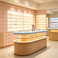 Usine personnalisé bois clair grille panneau arrière miroir lunettes cabinet japonais optique magasin meubles set