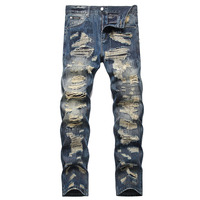 Nouveau style américain, pantalon en jean droit pour homme, style streetwear, déchiré, patchwork, rétro, punk, hip hop, coupe slim, pour jeunes