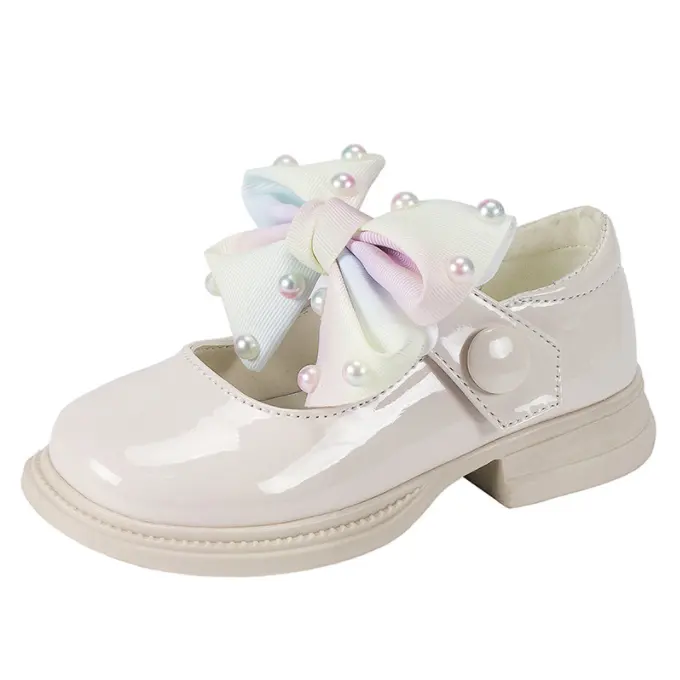 hotest children dress shoes kids Ivory light leather purple bowknot with pearl school dress shoes for kids