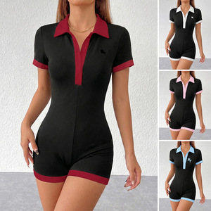 Combinaison moulante à col en V pour femme, style western, avec logo personnalisé, manches courtes, couleur contrastante, coupe ajustée, marque privée - Product Image 4