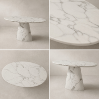 Table à manger ovale moderne en pierre artificielle marbrée, piétement unique, finition mate, 6 places, personnalisable pour la maison, l'hôtel, la villa