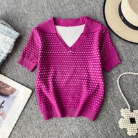 Haut court pour femme style coréen avec ourlet ajouré et col rond - Ensemble polyvalent de débardeur en maille pour l'été