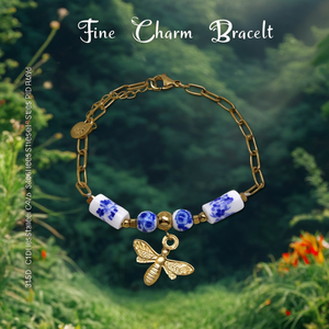 Fine <b>Charm</b> Bracelet 316L Stainless Steel PVD Gold Plating Bee Pendant Blue White Beads - Product Image 3