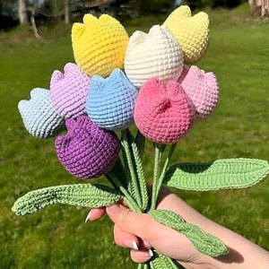 Ramo de Tulipanes de Ganchillo de Algodón Hechos a Mano, Flores Artificiales Eternas, Regalos de Agradecimiento Navideños, Tulipanes Positivos - Product Image 5