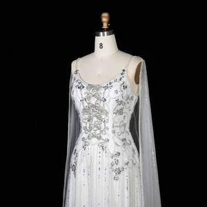Jancember LSZ538 Elegante Abito da Sera Bianco con Spalline Sottili e Cristalli, Vestito Formale con Mantella - Product Image 6