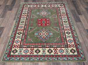 Tapis en laine kazak vert Design géométrique noué à la main doux pour la prière pique-nique adolescent salon personnalisable Puzzle Rectangle couloir - Product Image 4