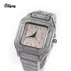 New Fashion Watch Arabic Numerals Quartz Blue Dial Red Face Hip Hop Designer Rapper Watches CZ Paved Pink Jewelry